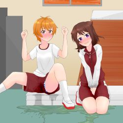 Rule 34 | 2girls, bang dream!, between legs, blue panties, blush, breasts, brown hair, clenched hands, closed mouth, collarbone, embarrassed, female focus, full body, gym uniform, hair ornament, hairclip, hand between legs, hands up, highres, jacket, kitazawa hagumi, kneeling, legs together, long sleeves, looking at viewer, multiple girls, nose blush, open mouth, orange hair, own hands together, panties, panty peek, puddle, purple eyes, raglan sleeves, red eyes, red footwear, red jacket, red shorts, sen no yugami, shirt, shoes, short hair, short sleeves, shorts, sitting, skindentation, small breasts, smile, socks, spread legs, striped clothes, striped panties, tears, textless version, toyama kasumi, track jacket, underwear, upshorts, v arms, wet, wet clothes, white legwear, white shirt, zipper, zipper pull tab