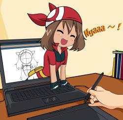 Rule 34 | blush, chibi, computer, creatures (company), derivative work, closed eyes, fang, game freak, gloves, highres, keyboard (computer), laptop, may (pokemon), meta, nintendo, open mouth, pokemon, tablet, third-party edit