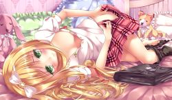 Rule 34 | 10s, 1girl, azuki azusa, bag, barefoot, bed, black thighhighs, blonde hair, blush, breasts, briefcase, cleavage, downblouse, feet, frilled pillow, frills, from behind, green eyes, hentai ouji to warawanai neko., looking at viewer, looking back, lying, no bra, on side, open clothes, open shirt, open skirt, panties, panty peek, pantyshot, pillow, plaid, plaid skirt, red skirt, school bag, school briefcase, school uniform, shirt, single thighhigh, skirt, stuffed animal, stuffed dog, stuffed rabbit, stuffed toy, thighhighs, toes, unbuttoning, underwear, upskirt, white panties, yasuno (airy light)