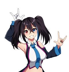 1girl, \m/, absurdres, bangs, bare shoulders, black coat, black hair, black nails, blue eyes, blue hair, blue neckwear, breasts, coat, collared shirt, demcheg, dress shirt, eyebrows visible through hair, gloves, heterochromia, highres, looking at viewer, multicolored hair, nail polish, necktie, neckwear, red eyes, shirt, simple background, smile, solo, stomach, twintails, two side up, utau, white background, white gloves, white shirt, yokune ruko