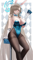 Rule 34 | 1girl, absurdres, animal ears, asuna (blue archive), asuna (bunny) (blue archive), blue archive, blue bow, blue bowtie, blue eyes, blue leotard, blue ribbon, blush, bow, bowtie, breasts, brown pantyhose, card, commentary, covered navel, detached collar, eternity (shadeh), fake animal ears, feet out of frame, gloves, grin, hair over one eye, hair ribbon, hairband, halo, hand up, highres, holding, holding card, large breasts, leotard, light brown hair, long hair, looking at viewer, mole, mole on breast, pantyhose, playboy bunny, rabbit ears, ribbon, sitting, smile, solo, stool, strapless, strapless leotard, very long hair, white gloves, white hairband