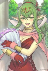 Rule 34 | 1girl, aged up, blush, bracelet, breasts, cape, cleavage, dress, fire emblem, fire emblem awakening, fire emblem heroes, gloves, gofelem, green eyes, green hair, hair ornament, highres, jewelry, large breasts, long hair, looking at viewer, nintendo, open mouth, pointy ears, ponytail, red dress, short dress, smile, solo, strapless, strapless dress, tiara, tiki (adult) (fire emblem), tiki (fire emblem)