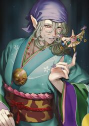 Rule 34 | 1boy, absurdres, aqua kimono, balancing on finger, blonde hair, charm (object), curly hair, facepaint, facial mark, green eyes, grey background, hair between eyes, hair over shoulder, hair tie, head scarf, highres, index finger raised, japanese clothes, jewelry, kimono, kusuriuri (mononoke), layered clothes, layered kimono, long hair, looking at viewer, looking to the side, low ponytail, male focus, medallion, mononoke, nail polish, obi, obiage, obijime, parted lips, pointy ears, purple nails, ring, sakuramon, sash, scale (mononoke), smile, solo, sugsusug, sun symbol, upper body, wide sleeves