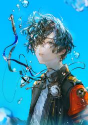 Rule 34 | 1boy, air bubble, blue background, blue eyes, blue hair, blurry, bubble, collared shirt, commentary, dark blue hair, depth of field, digital media player, english commentary, gekkoukan high school uniform, hair between eyes, half-closed eyes, headphones, headphones around neck, highres, jacket, looking at viewer, male focus, open clothes, open jacket, parted lips, persona, persona 3, persona 3 reload, s.e.e.s, say hana, school uniform, shirt, short hair, solo, underwater, upper body, white shirt, yuuki makoto (persona 3)