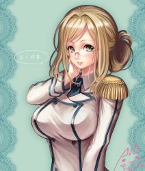 Rule 34 | 10s, 1girl, arm at side, blonde hair, blue background, blue necktie, blush, breasts, collared shirt, female focus, glasses, green eyes, hair bun, hand on own face, highres, jacket, kantai collection, katori (kancolle), large breasts, lips, looking at viewer, mii@chiffonx, necktie, nose, shirt, single hair bun, smile, solo, taut clothes, teeth, translation request, uniform, upper body, white jacket
