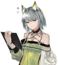 Rule 34 | 1girl, animal ear fluff, animal ears, arknights, bare shoulders, black choker, breasts, choker, cleavage, commentary, criss-cross halter, dress, green dress, halterneck, highres, holding, kal&#039;tsit (arknights), long sleeves, looking at viewer, material growth, medium breasts, off-shoulder dress, off shoulder, oripathy lesion (arknights), short hair, silver hair, simple background, solo, tenmu miyabi, upper body, white background, yellow eyes