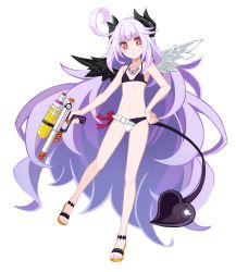 Rule 34 | 1girl, :&lt;, bikini, breasts, bright pupils, demon girl, demon horns, demon tail, feathered wings, highres, horns, makai shin trillion, nanameda kei, pink hair, red eyes, ruche, sandals, small breasts, swimsuit, tail, tattoo, white pupils, wings