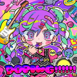 Rule 34 | 1girl, ahoge, album cover, album name, animal, aqua hair, bandaid, bandaid on head, black collar, black vest, blush stickers, bracelet, braid, can, candy, cat, cherry, collar, cover, double bun, doughnut, drink can, drugs, ear piercing, earrings, emoji, food, fruit, grey sleeves, guitar, hair bun, hair ornament, hairclip, highres, indie utaite, instrument, jewelry, lipstick, lollipop, looking at viewer, makeup, microphone, multicolored eyes, multicolored hair, multiple hairpins, nanawo akari, necklace, official art, outline, phonograph, piercing, pill, pink bracelet, pink shirt, print shirt, psychedelic, purple bracelet, purple hair, purple nails, record, sad emoji, shirt, single earring, soda can, solo, spiked bracelet, spikes, sprinkles, stain, streaked hair, syringe, terada tera, turntable, twin braids, vest, white hair, yellow nails, yellow outline
