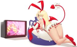 Rule 34 | 1girl, alternate breast size, archer (disgaea), artist name, bean bag, blonde hair, character doll, commentary, demon tail, disgaea, flonne, hairband, highres, kuroonehalf, laharl, long hair, makai senki disgaea, pointy ears, red eyes, red hairband, ribbon, simple background, smile, solo, tail, tail ornament, tail ribbon, television, thighs, watching television, white background, white ribbon, wings