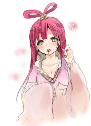 Rule 34 | 1girl, bad id, bad pixiv id, blush, breasts, china dress, chinese clothes, cleavage, dress, hair ornament, hanfu, jewelry, long hair, looking at viewer, magi the labyrinth of magic, mamemix, open mouth, red hair, ren kougyoku, simple background, solo, upper body, yellow eyes