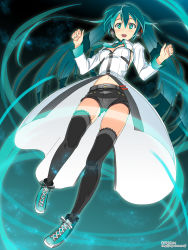Rule 34 | 1girl, :d, alternate costume, aqua eyes, aqua hair, belt, black thighhighs, blush, breasts, buttons, cleavage, cleavage cutout, clothing cutout, crop top, cross-laced footwear, dress, floating hair, full body, glowing, green eyes, hair between eyes, hatsune miku, headset, highres, kimura shigetaka, lace, lace-trimmed legwear, lace trim, light particles, long hair, long sleeves, looking at viewer, midriff, navel, necktie, open mouth, outline, shoes, short shorts, shorts, showgirl skirt, skirt, sleeve cuffs, small breasts, smile, sneakers, solo, standing, thighhighs, twintails, very long hair, vocaloid, watermark, web address, wing collar, zettai ryouiki