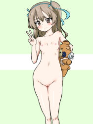 1girl absurdres blush boko_(girls_und_panzer) breasts brown_eyes brown_hair cleft_of_venus closed_mouth feet_out_of_frame girls_und_panzer highres holding holding_stuffed_toy long_hair looking_at_viewer misakichi_(fechisupi777) navel nipples nude pussy shimada_arisu small_breasts smile solo standing stuffed_toy v