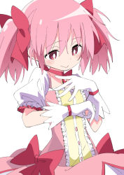 Rule 34 | 1girl, bow, choker, closed mouth, gloves, hair between eyes, hair bow, ixy, kaname madoka, looking down, magical girl, mahou shoujo madoka magica, mahou shoujo madoka magica (anime), pink hair, pink skirt, puffy short sleeves, puffy sleeves, red bow, red choker, red eyes, short hair, short sleeves, simple background, skirt, smile, solo, twintails, white background, white gloves