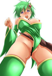 Rule 34 | 1990s (style), 1girl, blush, breasts, breasts out, censored, detached sleeves, embarrassed, final fantasy, final fantasy iv, from below, green hair, green leotard, green thighhighs, hair ornament, highres, large breasts, leotard, nipples, aged up, open mouth, purple eyes, pussy, pussy juice, retro artstyle, rydia (ff4), solo, thighhighs, wardrobe malfunction, yamada (fanfantaisa)