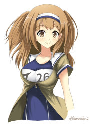 Rule 34 | 10s, 1girl, bad id, bad pixiv id, blush, breasts, brown eyes, clothes writing, collarbone, hairband, i-26 (kancolle), kantai collection, kounosuke (embellir), large breasts, light brown hair, long hair, looking at viewer, name tag, new school swimsuit, one-piece swimsuit, open clothes, sailor collar, school swimsuit, short sleeves, simple background, smile, solo, swimsuit, swimsuit under clothes, twitter username, two-tone hairband, two side up, white background