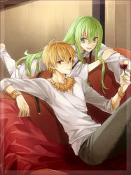 Rule 34 | 2boys, alcohol, azusa (sarie303030), bad id, bad pixiv id, blonde hair, bracelet, cup, drinking glass, enkidu (fate), fate/strange fake, fate (series), gilgamesh (fate), green eyes, green hair, jewelry, long hair, multiple boys, necklace, official alternate costume, red eyes, shirako miso, trap, wine, wine glass