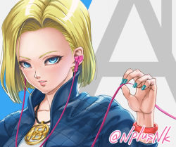 Rule 34 | 1girl, android 18, artist name, blonde hair, blue eyes, blue jacket, bracelet, commentary request, dragon ball, earphones, earrings, eyelashes, green nails, holding, jacket, jewelry, looking at viewer, nail polish, naomi (nplusn), necklace, parted lips, pink lips, short hair, solo, watermark