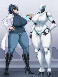 Rule 34 | 2girls, ahoge, android, black footwear, blue hair, boots, breasts, collared jacket, commentary request, covered erect nipples, eyewear on head, faceless, full body, goggles, goggles on head, grin, hand on own hip, high heel boots, high heels, huge breasts, jacket, jewelry, lab coat, long hair, long sleeves, multicolored hair, multiple girls, necklace, open clothes, open jacket, orange eyes, original, pants, robot, smile, spacezin, standing, sweater, teeth, two-tone hair