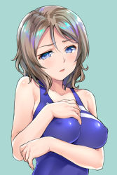 Rule 34 | 10s, 1girl, aqua background, bare arms, blue eyes, blue one-piece swimsuit, breast hold, breast suppress, breasts, brown hair, chikugen shiina, collarbone, competition swimsuit, covered erect nipples, hand on own chest, looking at viewer, love live!, love live! sunshine!!, medium breasts, one-piece swimsuit, shiny clothes, short hair, simple background, solo, swimsuit, upper body, watanabe you