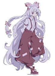 Rule 34 | 1girl, absurdres, baggy pants, bow, buttons, collared shirt, footwear bow, fujiwara no mokou, full body, hair bow, highres, hime cut, kame (kamepan44231), long hair, long sleeves, ofuda, ofuda on clothes, one-hour drawing challenge, pants, red eyes, red footwear, red pants, shirt, shoes, sidelocks, simple background, sleeve garter, solo, suspenders, touhou, very long hair, white background, white bow, white hair, white shirt