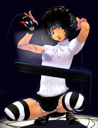 Rule 34 | 1girl, black hair, female focus, full body, gradient background, headphones, headset, highres, keyboard, keyboard (computer), mouse (computer), open mouth, original, panties, skirt, solo, squatting, striped clothes, striped thighhighs, thighhighs, tororoto, underwear