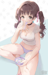 Rule 34 | 1girl, absurdres, bare legs, barefoot, black choker, blue nails, blush, bow, bowl, breasts, brown eyes, brown hair, choker, cleavage, closed mouth, commentary request, dated, food, hair bow, highres, holding, holding bowl, indian style, long hair, looking at viewer, medium breasts, milk, nail polish, neki (wakiko), original, panties, pink bow, purple panties, shirt, short sleeves, signature, sitting, solo, spoon, twintails, underwear, utensil in mouth, white shirt