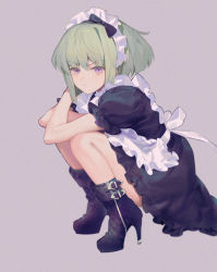 Rule 34 | 1boy, :t, apron, bare arms, bare legs, belt boots, black bow, boots, bow, crossdressing, crossed arms, dress, frilled apron, frilled dress, frills, full body, green hair, hair bow, high heel boots, high heels, highres, lio fotia, maid, maid headdress, male focus, promare, purple background, purple eyes, rice (rice8p), short hair, short sleeves, sidelocks, simple background, solo, squatting, trap