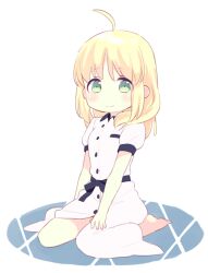 Rule 34 | 1girl, 87banana, ahoge, artoria pendragon (all), artoria pendragon (fate), barefoot, black bow, blonde hair, blush, bow, fate/stay night, fate (series), green eyes, hair down, official alternate costume, saber (fate), seiza, sitting, smile, solo