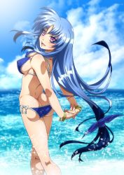 Rule 34 | 1girl, ass, bikini, blue bikini, blue hair, blush, breasts, butt crack, covered erect nipples, female focus, highres, large breasts, long hair, looking at viewer, looking back, lyrical nanoha, mahou shoujo lyrical nanoha a&#039;s portable: the battle of aces, levi the slasher, ocean, open mouth, outdoors, purple eyes, side-tie bikini bottom, sky, smile, solo, swimsuit, tappa (esperanza)