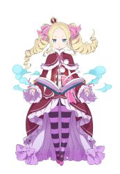 Rule 34 | 10s, 1girl, :o, beatrice (re: life), beatrice (re:zero), black pantyhose, blonde hair, book, bow, bug, butterfly, butterfly-shaped pupils, capelet, crown, dress, drill hair, flat chest, floating, floating book, floating hair, floating object, full body, fur trim, hair ribbon, heart, heart-shaped pupils, highres, insect, jpeg artifacts, lace, lolita fashion, long hair, long sleeves, looking at viewer, mini crown, official art, ootsuka shin&#039;ichirou, open mouth, pantyhose, parted bangs, pom pom (clothes), purple pantyhose, re: life in a different world from zero, re:zero kara hajimeru isekai seikatsu, ribbon, sidelocks, simple background, sleeves past wrists, solo, standing, striped clothes, striped pantyhose, symbol-shaped pupils, triangle mouth, twin drills, white background, wide sleeves