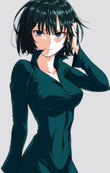 Rule 34 | 1girl, bob cut, closed mouth, collared dress, covered navel, cowboy shot, dress, expressionless, fubuki (one-punch man), green dress, green eyes, green hair, grey background, hand in own hair, hand up, highres, looking at viewer, maazyu, one-punch man, short hair, simple background, solo, taut clothes, taut dress