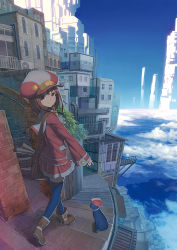 Rule 34 | 1girl, ankle boots, bag, bell, blue sky, blue thighhighs, boots, brown eyes, brown hair, building, cat, city, cloud, collar, hat, izumi sai, looking at viewer, looking back, making-of available, neck bell, original, school swimsuit, school uniform, science fiction, shirt, shoulder bag, skirt, sky, skyscraper, solo, stairs, swimsuit, thighhighs, tower, zettai ryouiki