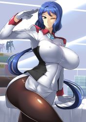 Rule 34 | 1girl, absurdres, blue hair, breasts, cosplay, covered erect nipples, gloves, green eyes, gundam, gundam build divers, gundam seed, haganef, highres, huge breasts, iori rinko, leggings, military, military uniform, murrue ramius, one eye closed, pantyhose, salute, seiy, solo, uniform, voice actor connection, white gloves, wink