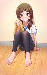 Rule 34 | 1girl, absurdres, barefoot, black leggings, black pants, blush, brown eyes, brown hair, cabbage (chlehd2239), closed mouth, feet, highres, holding, holding towel, idolmaster, idolmaster million live!, idolmaster million live! theater days, kitazawa shiho, leggings, lesson wear (idolmaster million live!), long hair, looking at viewer, messy hair, pants, parted bangs, shirt, short sleeves, sitting, solo, sweat, toes, towel, white shirt