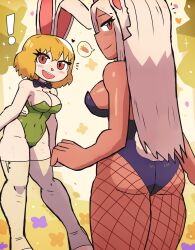 Rule 34 | !, 2girls, absurdres, animal ears, artist name, bare shoulders, black bow, black leotard, blush, boku no hero academia, bow, breasts, carrot, carrot (one piece), cleavage, dark-skinned female, dark skin, eyelashes, female focus, fishnet pantyhose, fishnets, furry, furry female, green leotard, half-closed eyes, highres, large breasts, leotard, long hair, looking at viewer, looking back, mirko, multiple girls, one piece, pantyhose, playboy bunny, rabbit ears, rabbit girl, rabbit tail, red eyes, shiny skin, sideboob, standing, thick thighs, thighhighs, thighs, tony welt, trait connection, white hair, white thighhighs, wide hips
