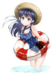 Rule 34 | 1girl, 2018, ahoge, akito (pixiv3623507), bad id, bad pixiv id, bare shoulders, black hair, blue one-piece swimsuit, blush, breasts, brown eyes, cleavage, dated, hat, innertube, kantai collection, leaning forward, long hair, looking at viewer, medium breasts, one-piece swimsuit, polka dot, polka dot swimsuit, smile, solo, straw hat, swim ring, swimsuit, ushio (kancolle), water