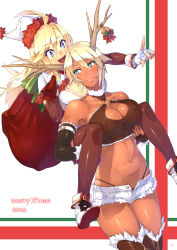 Rule 34 | 2011, 23 (real xxiii), 2girls, antlers, bare shoulders, bell, blonde hair, blue eyes, blush, boots, breast press, breast rest, breasts, carrying, christmas, cleavage, covered erect nipples, dark-skinned female, dark skin, denim, denim shorts, elbow gloves, fang, female focus, fingerless gloves, gloves, highres, horns, jewelry, large breasts, merry christmas, multiple girls, navel, no bra, open mouth, original, panties, piggyback, pointing, pointing forward, reindeer antlers, ring, santa costume, sela (23), short shorts, shorts, tan, thigh boots, thighhighs, toned, underwear, unzipped, ursula (23), wedding band, wife and wife, yuri