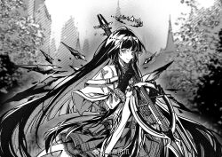 Rule 34 | 1girl, absurdly long hair, absurdres, ahoge, architecture, arknights, ascot, belt, belt buckle, belt pouch, blunt bangs, blurry, blurry background, broken halo, buckle, cello, chinese commentary, closed mouth, collared jacket, commentary request, dark halo, depth of field, detached wings, dress shirt, energy wings, finger to mouth, from side, gloves, greyscale, halo, hands up, highres, hime cut, holding, holding instrument, holding violin, instrument, jacket, long hair, long sleeves, looking at viewer, miniskirt, monochrome, outdoors, pouch, shirt, short-sleeved jacket, short sleeves, sidelocks, skirt, sky, smile, solo, standing, sunlight, tree, very long hair, violin, virtuosa (arknights), watermark, weibo logo, weibo watermark, wide sleeves, wings, xiao hui lang nai tang