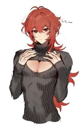 Rule 34 | 1boy, alternate costume, black sweater, closed mouth, clothing cutout, commentary request, diluc (genshin impact), genshin impact, hair between eyes, highres, long hair, long sleeves, male focus, meme attire, open-chest sweater, pectoral cleavage, pectorals, red eyes, red hair, ribbed sweater, sabi11riw, simple background, sketch, solo, sweat, sweater, turtleneck, turtleneck sweater, upper body, very long hair, white background