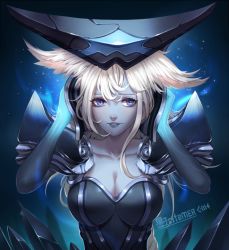 Rule 34 | 1girl, blue eyes, breasts, citemer, cleavage, helmet, large breasts, league of legends, lips, lissandra (league of legends), liuruoyu8888, long hair, pale skin, solo, white hair