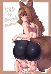 Rule 34 | 1girl, animal ears, ass, bare shoulders, barefoot, bike shorts, breasts, brown eyes, brown hair, feet, from behind, greenopi, highres, huge ass, kneeling, long hair, looking at viewer, looking back, parted lips, shiny clothes, sideboob, soles, solo, sports bra, tail, toes