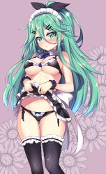 Rule 34 | 1girl, adapted costume, apron, bikini, black panties, black thighhighs, blush, breasts, cleavage, clothes lift, commentary, detached collar, flower, green eyes, green hair, hair between eyes, hair ornament, hairclip, highres, kantai collection, large breasts, lifted by self, long hair, looking at viewer, maid, maid bikini, maid headdress, open mouth, panties, ponytail, purple background, revision, ringo sui, side-tie panties, skirt, skirt lift, solo, standing, sunflower, swimsuit, thighhighs, unconventional maid, underboob, underwear, wrist cuffs, yamakaze (kancolle)