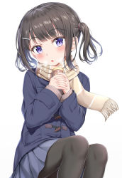 Rule 34 | 1girl, :o, absurdres, bag, black pantyhose, blue coat, blue skirt, blush, breath, brown hair, brown scarf, can, canned coffee, coat, drink can, duffel bag, fringe trim, hands up, head tilt, highres, holding, holding can, long hair, long sleeves, nedia (nedia region), original, own hands together, pantyhose, parted lips, pleated skirt, purple eyes, scarf, sidelocks, simple background, sitting, skirt, sleeves past wrists, solo, twintails, white background