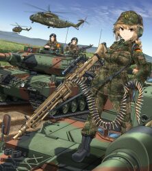 Rule 34 | 1girl, 2boys, = =, absurdres, aircraft, ammunition, ammunition belt, belt-fed, beret, black footwear, black gloves, black hair, blonde hair, blue headwear, blue sky, boots, braid, braided ponytail, breasts, brown eyes, brown hair, bullet, bundeswehr, camouflage, camouflage headwear, camouflage jacket, camouflage pants, cargo pants, caterpillar tracks, ch-53, closed eyes, closed mouth, cloud, collared shirt, combat boots, commentary request, cross, cross-laced footwear, day, dirt road, eurocopter ec145, flower, fn mag, general-purpose machine gun, german army, german flag, germany, gloves, grass, green eyes, green shirt, gun, hat, headlight, headset, helicopter, highres, holding, holding gun, holding weapon, insignia, iron cross, jacket, leopard 2, license plate, looking ahead, looking at viewer, machine gun, medium breasts, mg3, mikeran (mikelan), military, military vehicle, motor vehicle, mountainous horizon, multiple boys, original, outdoors, pants, radio antenna, red flower, road, roundel, shadow, shirt, short hair, side-view mirror, sky, sleeves rolled up, smile, soldier, split mouth, standing, tank, v-shaped eyebrows, weapon, white flower, yellow flower