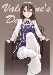 Rule 34 | 1girl, ;(, apron, ashigara (kancolle), black neckwear, blush, brown eyes, brown hair, english text, fang, feet, hairband, highres, kantai collection, kujira naoto, long hair, long sleeves, looking at viewer, no shoes, pantyhose, purple apron, purple background, shirt, simple background, sitting, solo, thighhighs, valentine, wavy hair, white hairband, white shirt, white thighhighs