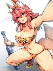 Rule 34 | 1girl, animal ear fluff, animal ears, breasts, cleavage, collarbone, commentary, commentary request, cosplay, fang, fate/grand order, fate (series), fox ears, fox girl, fox tail, hair between eyes, horns, large breasts, looking at viewer, midriff, navel, oni, oni horns, open mouth, pink hair, reaching, reaching towards viewer, solo, tagme, tail, tamamo (fate), tamamo no mae (fate/extra), underboob, weapon, wisespeak, yellow eyes