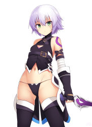 Rule 34 | 1girl, arm at side, arm belt, bandaged arm, bandages, bare shoulders, belt, belt buckle, black gloves, black panties, black shirt, black thighhighs, buckle, closed mouth, expressionless, facial scar, fate/grand order, fate (series), fingerless gloves, from below, gloves, green eyes, groin, hair between eyes, halterneck, highres, holding, holding knife, holding weapon, jack the ripper (fate/apocrypha), knife, legs apart, looking at viewer, looking down, lowleg, lowleg panties, mahcdai, navel, panties, scabbard, scar, scar across eye, scar on cheek, scar on face, sheath, shirt, short hair, silver hair, simple background, sleeveless, sleeveless shirt, slit pupils, solo, standing, stomach, tattoo, thighhighs, turtleneck, underwear, unsheathed, weapon, white background
