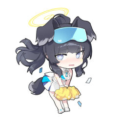Rule 34 | 1girl, animal ears, black hair, blue archive, blush, cheerleader, chibi, dog ears, dog girl, dog tail, full body, goggles, goggles on head, halo, hibiki (blue archive), hibiki (cheer squad) (blue archive), holding, holding pom poms, looking at viewer, millennium cheerleader outfit (blue archive), miqilinfeizainie, nose blush, official alternate costume, pom pom (cheerleading), pom poms, simple background, skirt, solo, standing, star sticker, sticker on arm, sticker on face, tail, white background, yellow halo