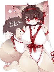 Rule 34 | 1girl, :3, animal ear fluff, animal ears, animal feet, animal nose, arm at side, artist name, bare shoulders, barefoot, black choker, blush, body fur, border, bow, breasts, brown fur, brown hair, choker, closed mouth, commission, detached sleeves, earrings, english text, feet, female focus, floral background, fox ears, fox girl, fox tail, furry, furry female, gem, gradient background, hair between eyes, hair ribbon, hairband, hand up, happy, highres, hoshimiii mi, jewelry, kneeling, large breasts, legs, leotard, long sleeves, looking to the side, multiple earrings, nontraditional miko, original, outline, outside border, pawpads, red background, red bow, red eyes, red gemstone, red hairband, red ribbon, ribbon, ribbon-trimmed leotard, ribbon-trimmed sleeves, ribbon trim, sash, short hair, sidelocks, signature, sitting, skeb commission, smile, solo, tail, thick thighs, thighs, two-tone fur, white border, white fur, white leotard, white outline, white sleeves, wide hips