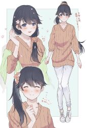 Rule 34 | 1girl, black hair, blue eyes, blush, cherry blossoms, closed eyes, commentary request, cosplay, flower, flying sweatdrops, hair between eyes, hair flower, hair ornament, highres, houshou (kancolle), kantai collection, long hair, magai akashi, multiple views, pants, parted lips, petals, pink sweater, ponytail, ribbed sweater, shoes, simple background, smile, sweater, translation request, white footwear, white pants, yamato (kancolle), yamato (kancolle) (cosplay)